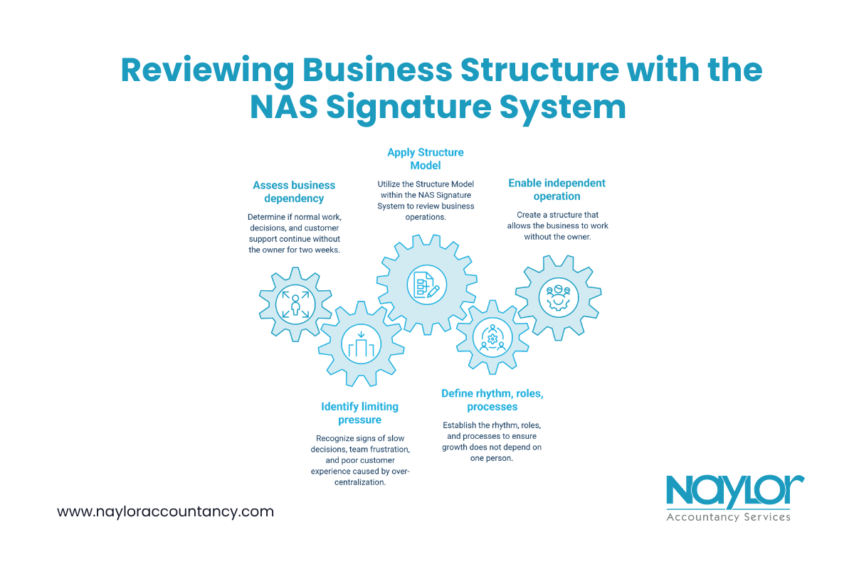 Infographic outlining five steps for reviewing business structure with the NAS Signature System, from assessing owner dependency to enabling independent operation.